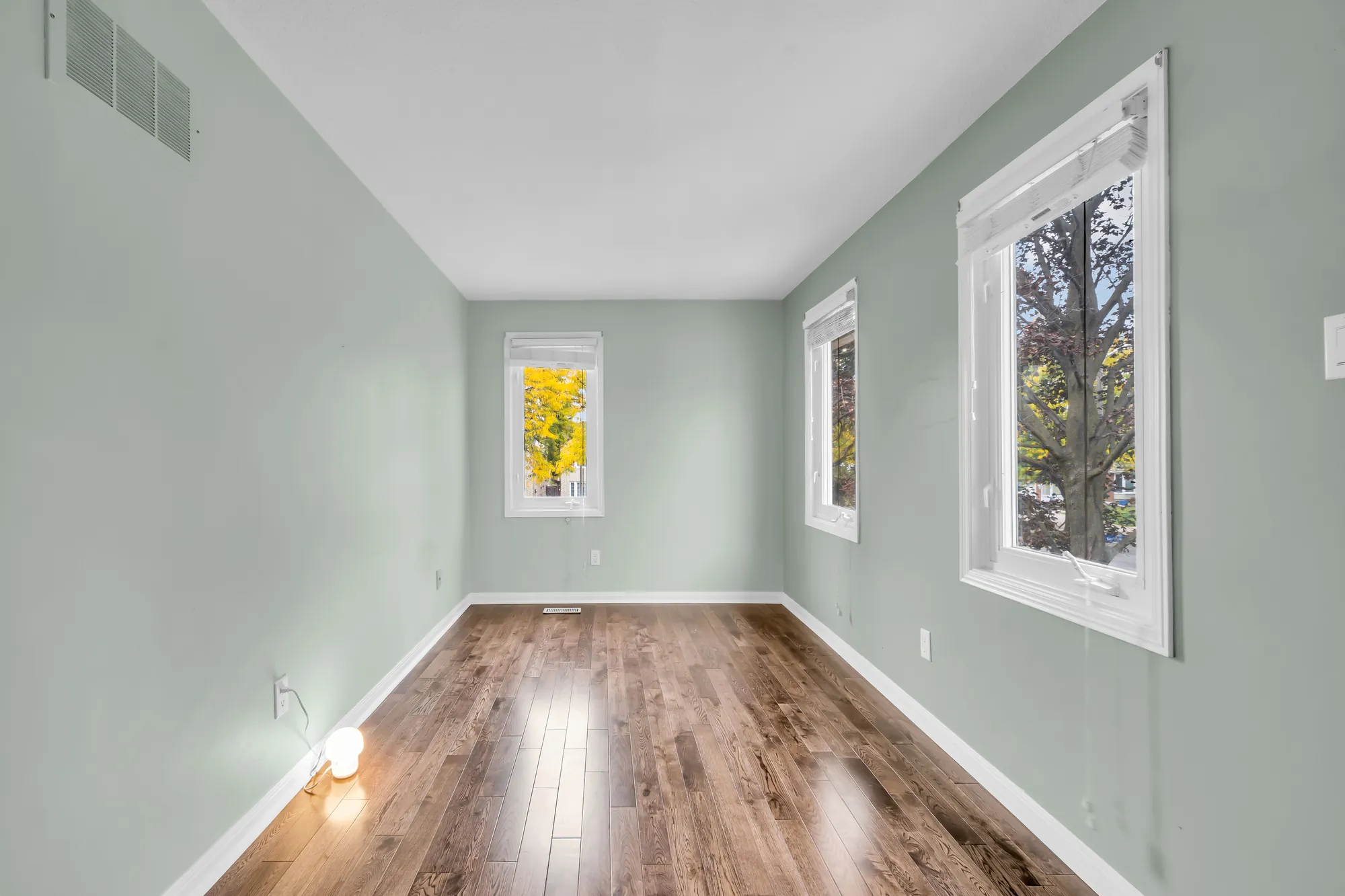 A long bedroom with sage green walls, empty: windows on two walls, wood floors