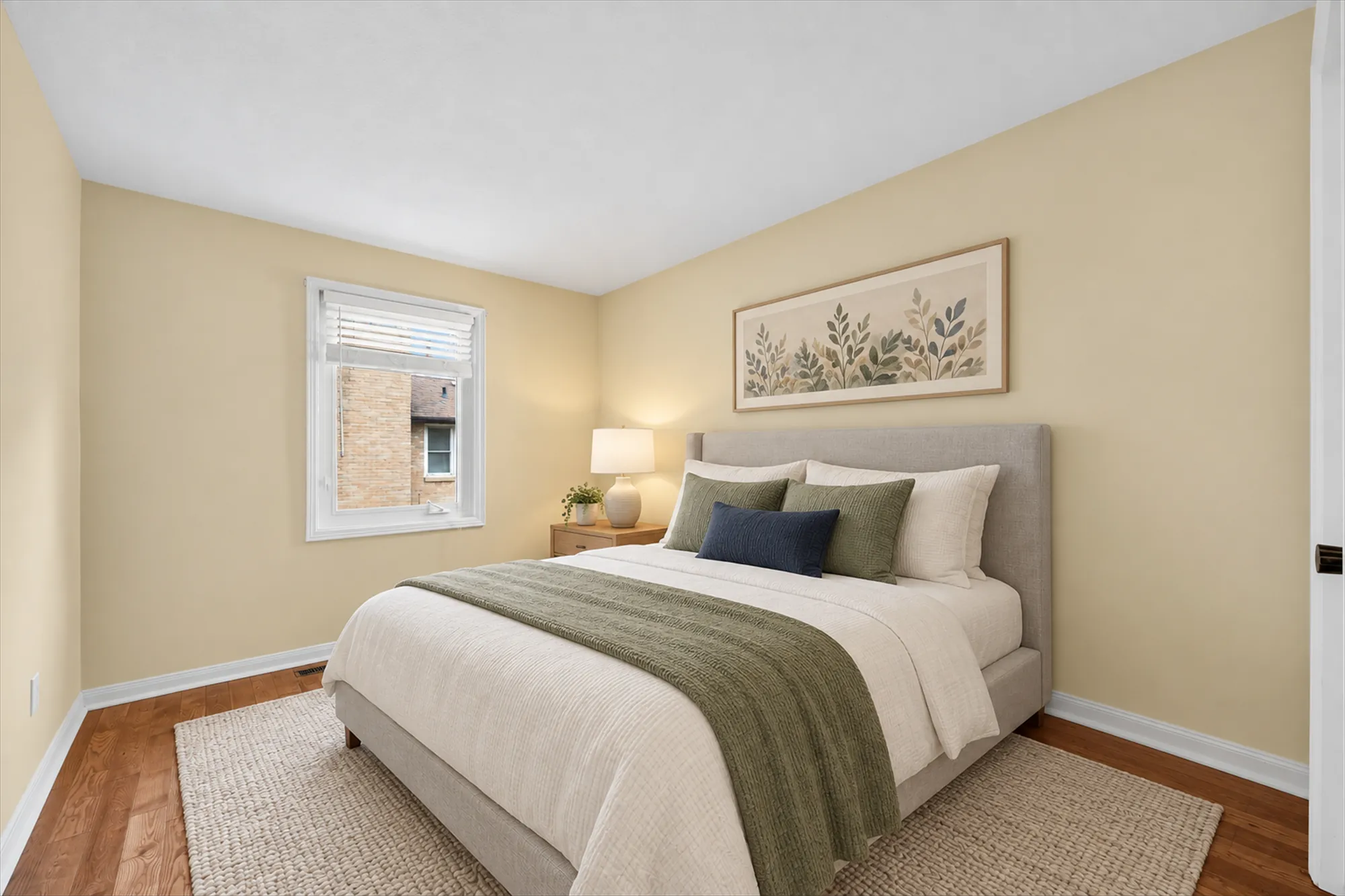 The same frame virtually staged: a bed with an upholstered headboard and green throw, a night table and lamp, a woven rug, a botanical print