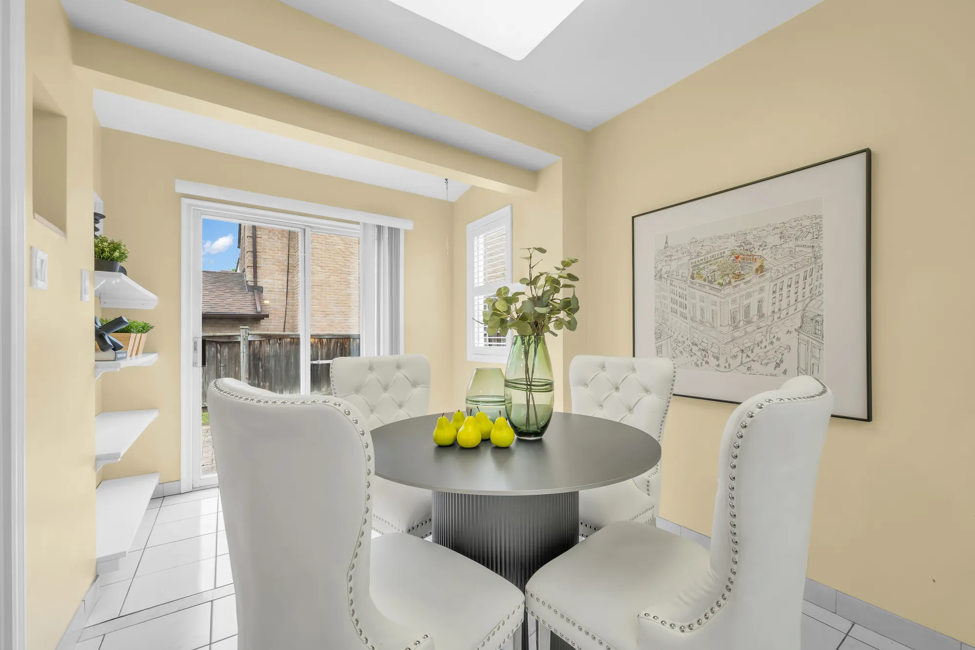 The breakfast room: a round table and four upholstered chairs, a sliding glass door to the back yard, yellow walls, open shelves
